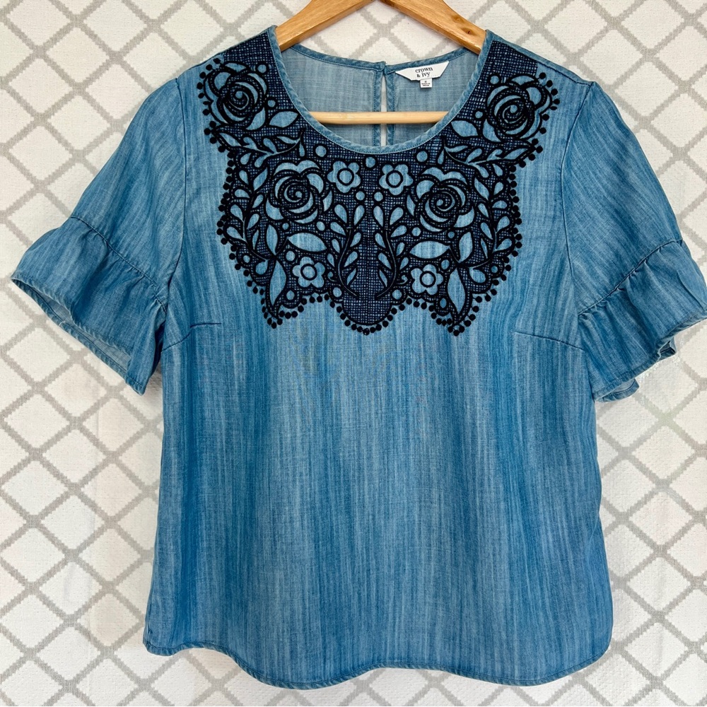 Crown & Ivy Tencel Denim Top with Lace Accents